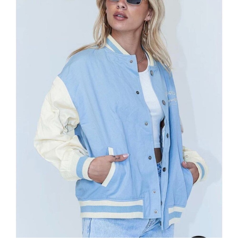 Princess Polly Riley Oversized Bomber Jacket Blue Size 2